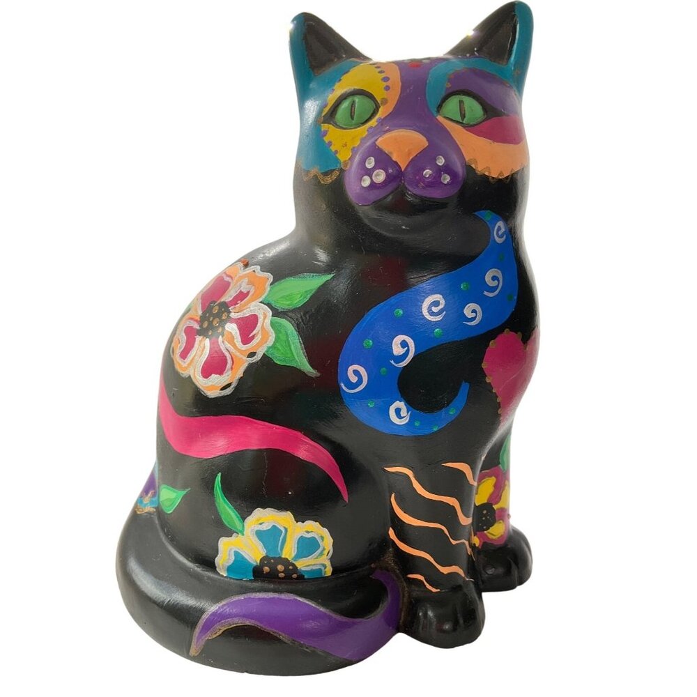Handpainted Ceramic Cat colorful black Abstract Folk Art Floral 11"